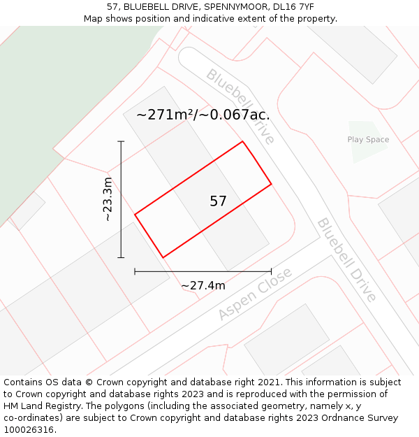 57, BLUEBELL DRIVE, SPENNYMOOR, DL16 7YF: Plot and title map
