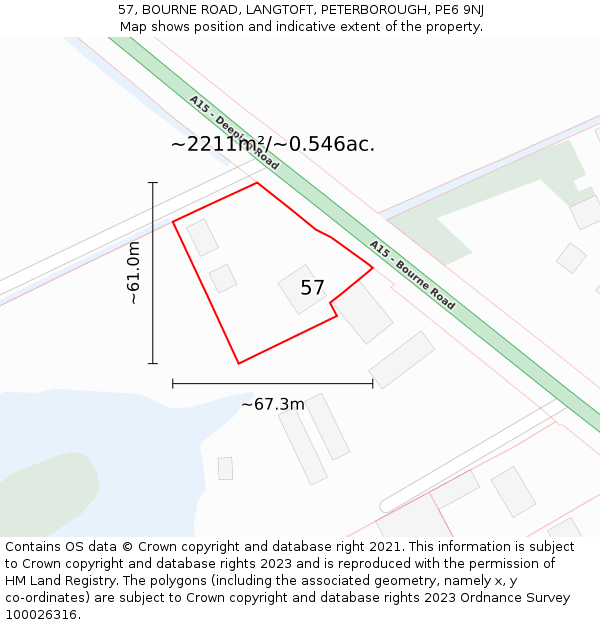 57, BOURNE ROAD, LANGTOFT, PETERBOROUGH, PE6 9NJ: Plot and title map