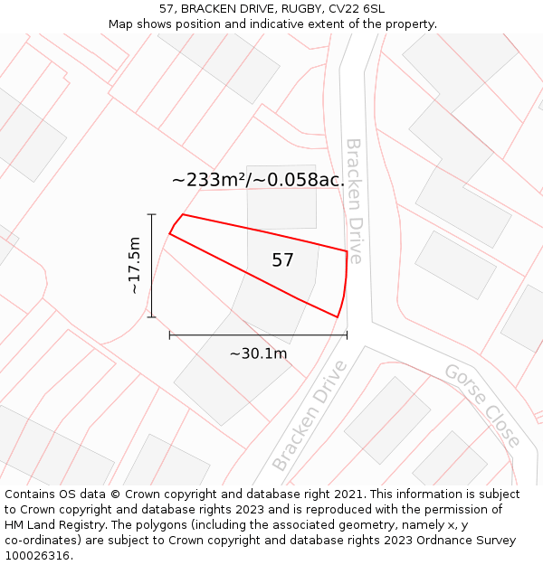 57, BRACKEN DRIVE, RUGBY, CV22 6SL: Plot and title map