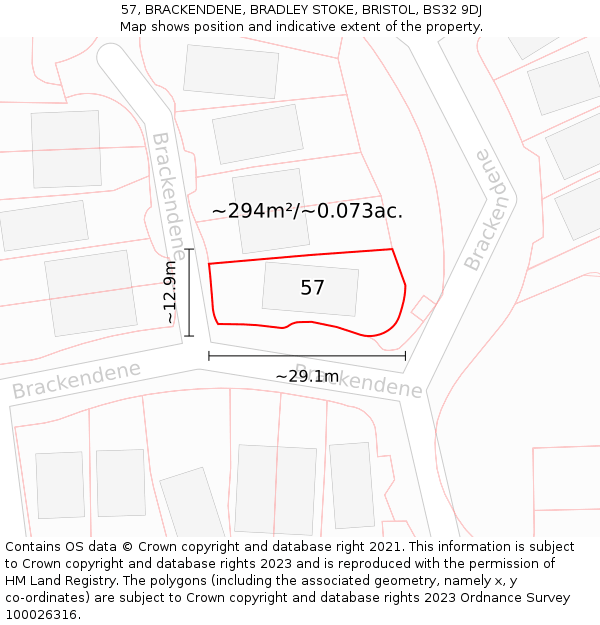57, BRACKENDENE, BRADLEY STOKE, BRISTOL, BS32 9DJ: Plot and title map
