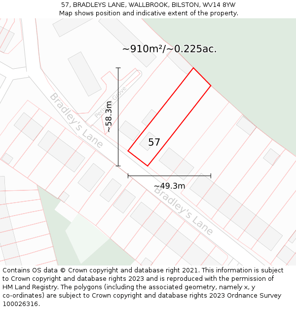57, BRADLEYS LANE, WALLBROOK, BILSTON, WV14 8YW: Plot and title map