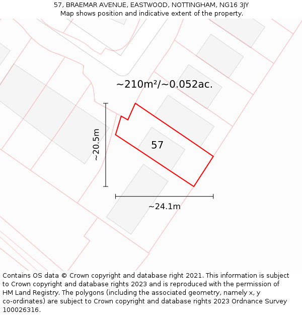 57, BRAEMAR AVENUE, EASTWOOD, NOTTINGHAM, NG16 3JY: Plot and title map