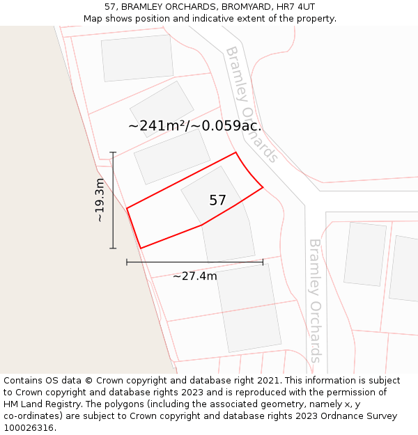 57, BRAMLEY ORCHARDS, BROMYARD, HR7 4UT: Plot and title map