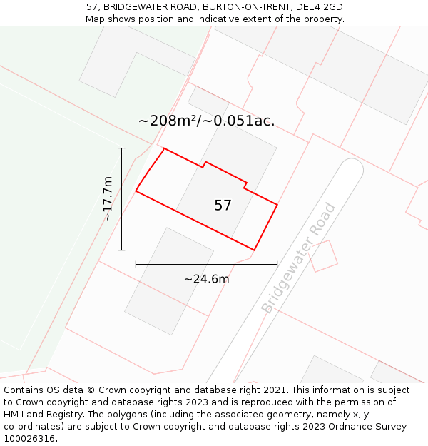 57, BRIDGEWATER ROAD, BURTON-ON-TRENT, DE14 2GD: Plot and title map