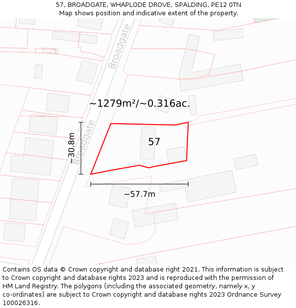 57, BROADGATE, WHAPLODE DROVE, SPALDING, PE12 0TN: Plot and title map