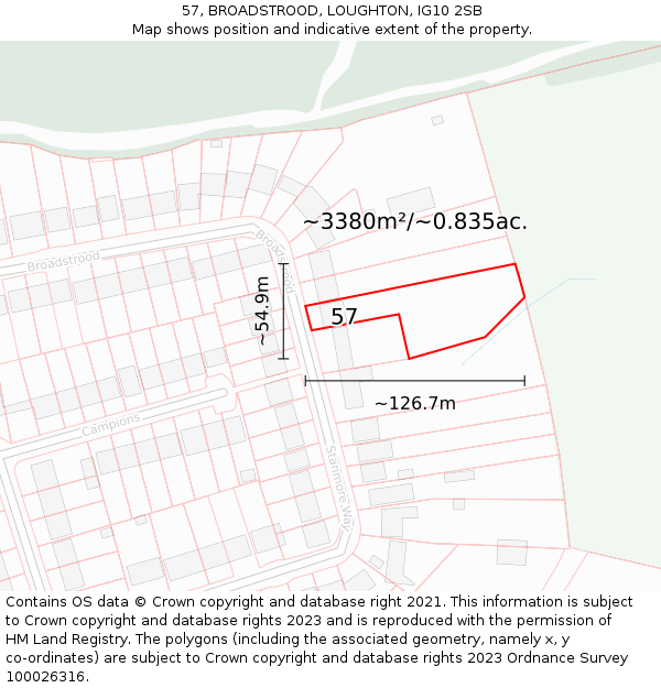 57, BROADSTROOD, LOUGHTON, IG10 2SB: Plot and title map
