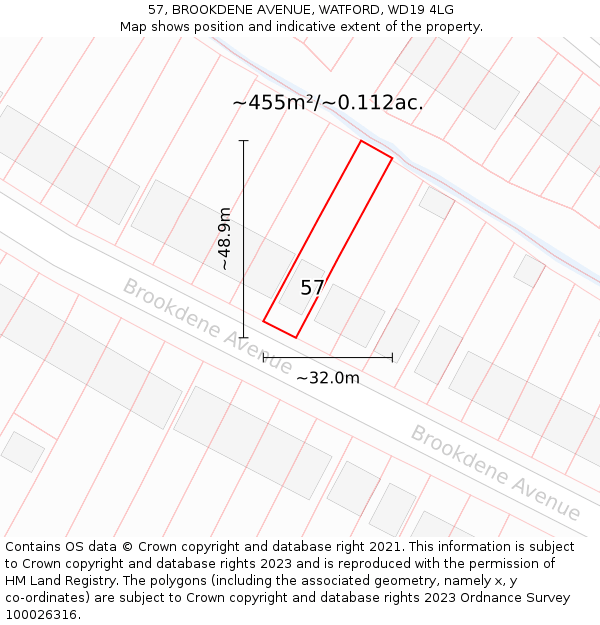 57, BROOKDENE AVENUE, WATFORD, WD19 4LG: Plot and title map