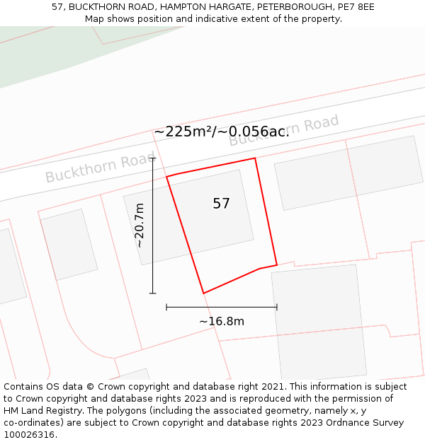 57, BUCKTHORN ROAD, HAMPTON HARGATE, PETERBOROUGH, PE7 8EE: Plot and title map