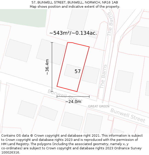 57, BUNWELL STREET, BUNWELL, NORWICH, NR16 1AB: Plot and title map