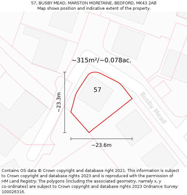 57, BUSBY MEAD, MARSTON MORETAINE, BEDFORD, MK43 2AB: Plot and title map