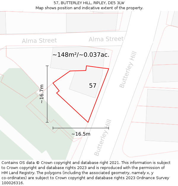 57, BUTTERLEY HILL, RIPLEY, DE5 3LW: Plot and title map