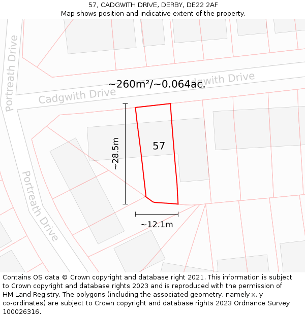 57, CADGWITH DRIVE, DERBY, DE22 2AF: Plot and title map