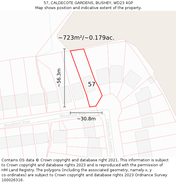 57, CALDECOTE GARDENS, BUSHEY, WD23 4GP: Plot and title map