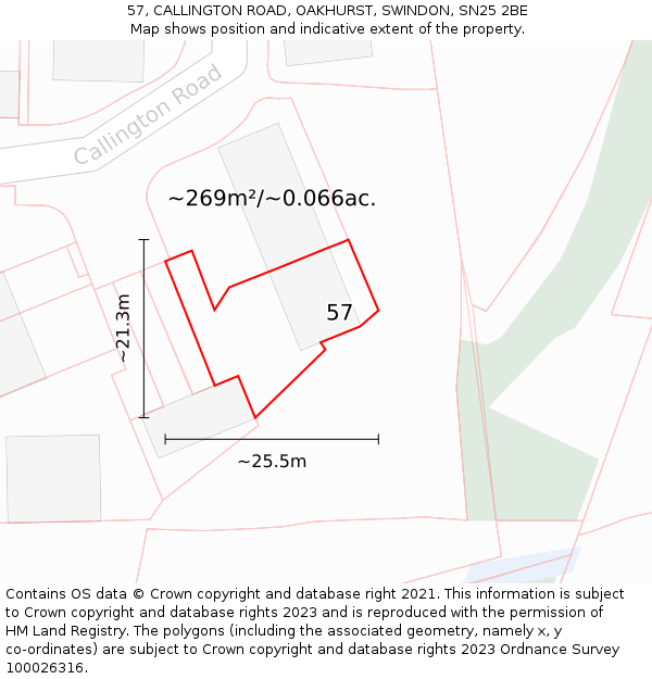 57, CALLINGTON ROAD, OAKHURST, SWINDON, SN25 2BE: Plot and title map