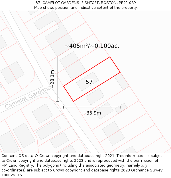 57, CAMELOT GARDENS, FISHTOFT, BOSTON, PE21 9RP: Plot and title map