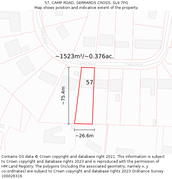 57, CAMP ROAD, GERRARDS CROSS, SL9 7PG: Plot and title map