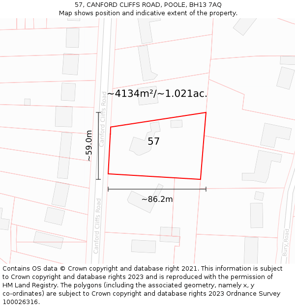57, CANFORD CLIFFS ROAD, POOLE, BH13 7AQ: Plot and title map