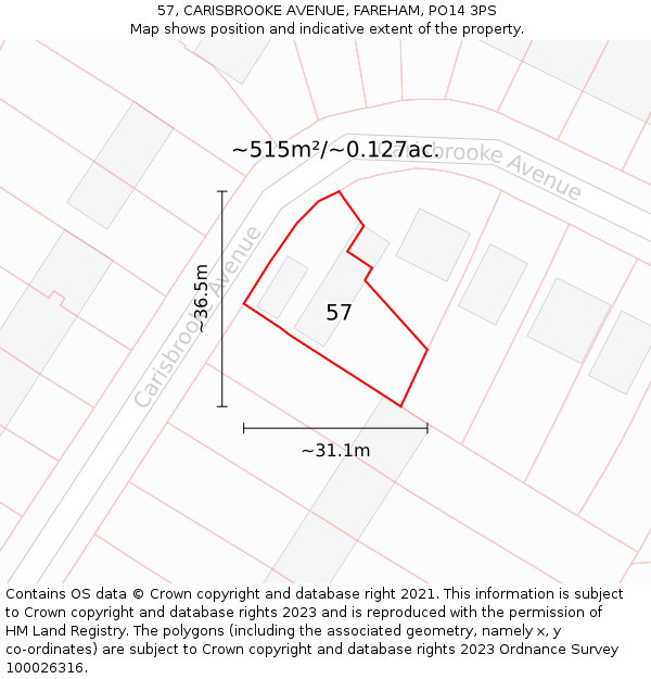 57, CARISBROOKE AVENUE, FAREHAM, PO14 3PS: Plot and title map