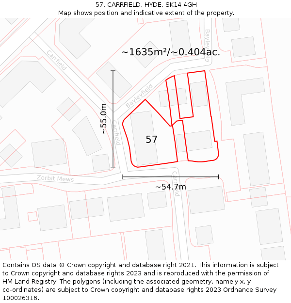 57, CARRFIELD, HYDE, SK14 4GH: Plot and title map