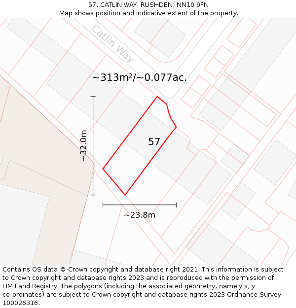 57, CATLIN WAY, RUSHDEN, NN10 9FN: Plot and title map