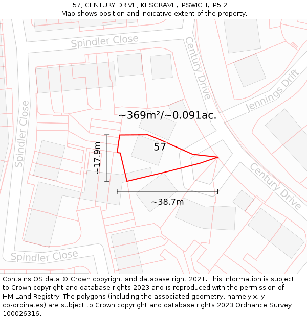 57, CENTURY DRIVE, KESGRAVE, IPSWICH, IP5 2EL: Plot and title map