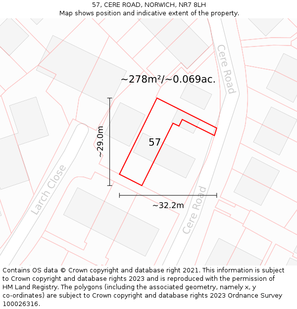 57, CERE ROAD, NORWICH, NR7 8LH: Plot and title map