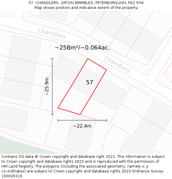 57, CHANDLERS, ORTON BRIMBLES, PETERBOROUGH, PE2 5YW: Plot and title map