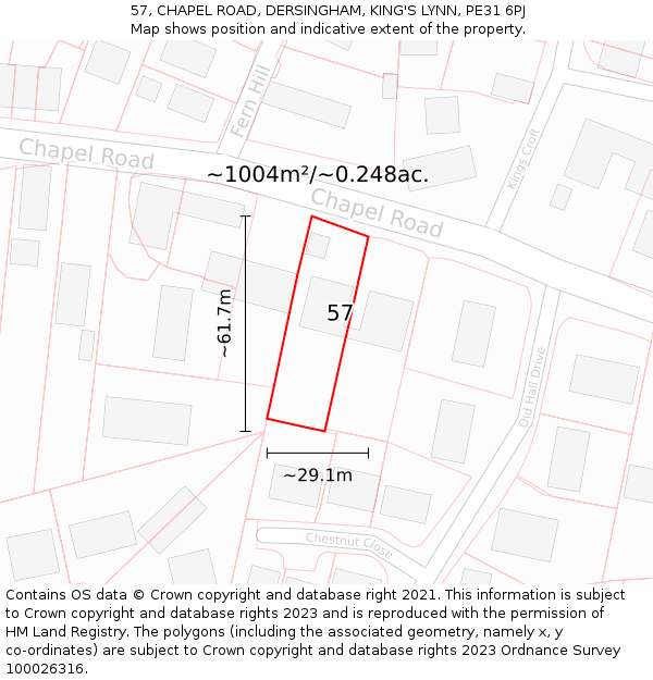 57, CHAPEL ROAD, DERSINGHAM, KING'S LYNN, PE31 6PJ: Plot and title map