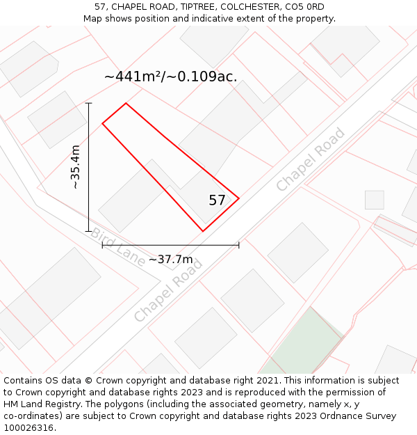 57, CHAPEL ROAD, TIPTREE, COLCHESTER, CO5 0RD: Plot and title map