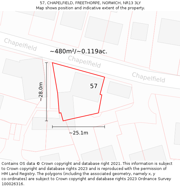 57, CHAPELFIELD, FREETHORPE, NORWICH, NR13 3LY: Plot and title map
