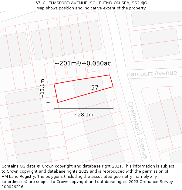 57, CHELMSFORD AVENUE, SOUTHEND-ON-SEA, SS2 6JG: Plot and title map