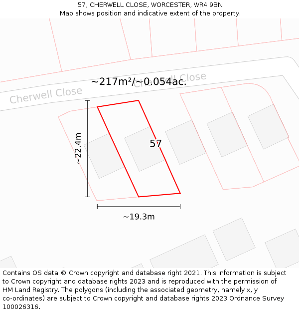57, CHERWELL CLOSE, WORCESTER, WR4 9BN: Plot and title map