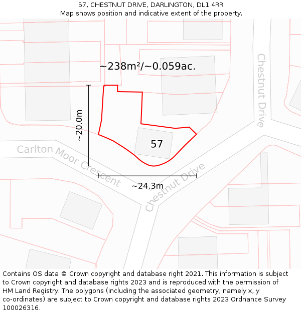 57, CHESTNUT DRIVE, DARLINGTON, DL1 4RR: Plot and title map
