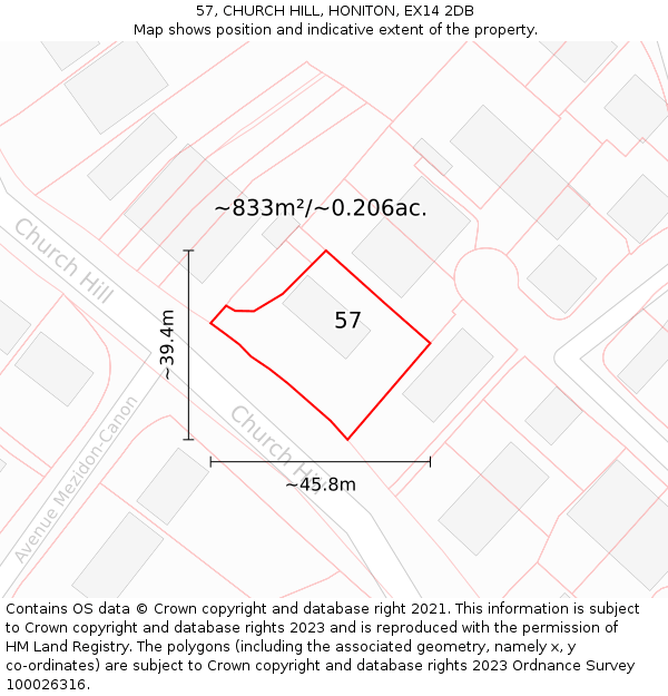 57, CHURCH HILL, HONITON, EX14 2DB: Plot and title map