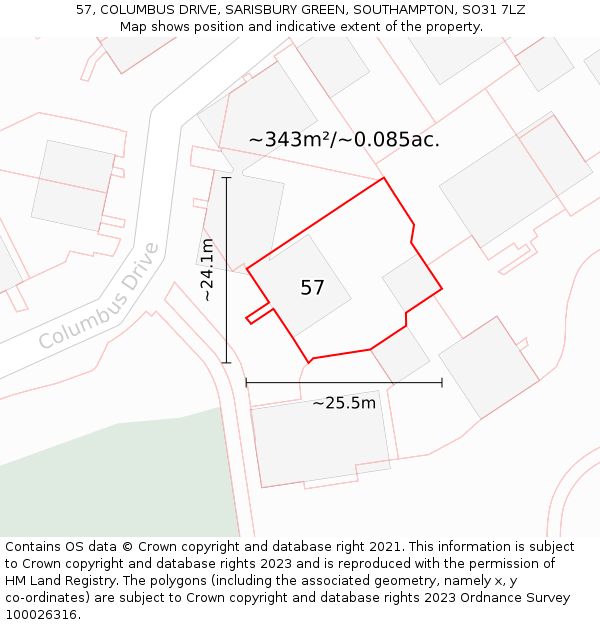 57, COLUMBUS DRIVE, SARISBURY GREEN, SOUTHAMPTON, SO31 7LZ: Plot and title map