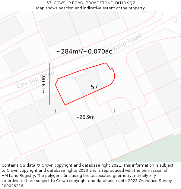 57, COWSLIP ROAD, BROADSTONE, BH18 9QZ: Plot and title map