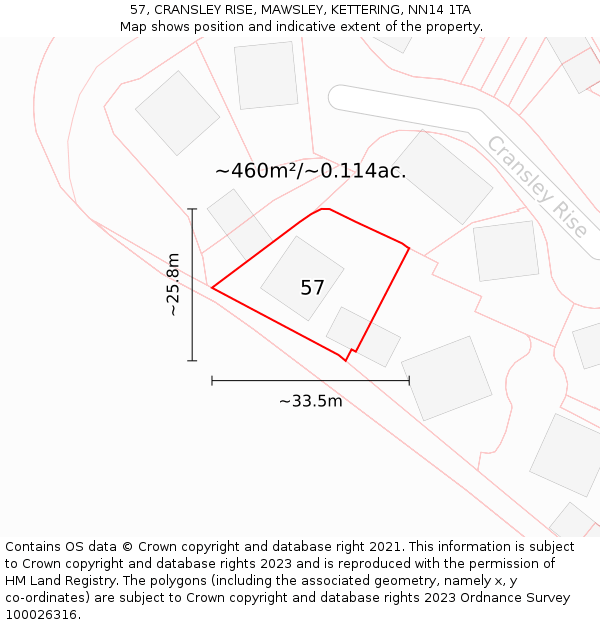 57, CRANSLEY RISE, MAWSLEY, KETTERING, NN14 1TA: Plot and title map