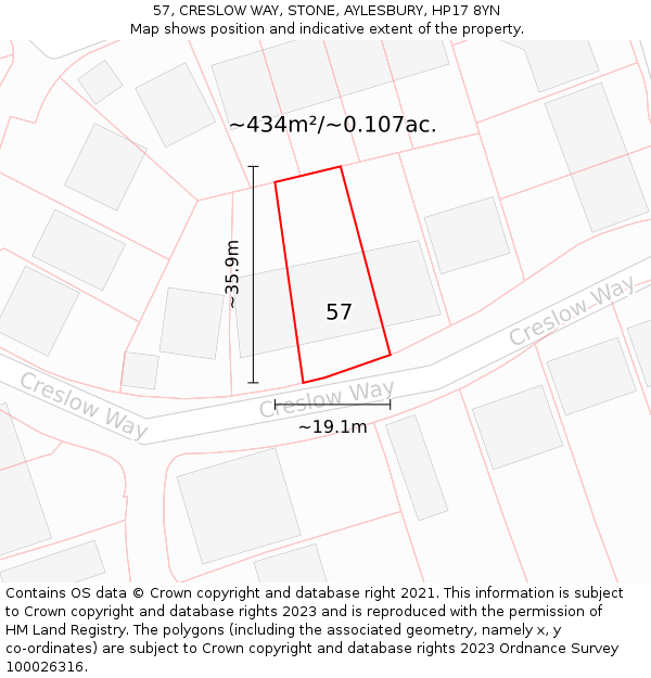 57, CRESLOW WAY, STONE, AYLESBURY, HP17 8YN: Plot and title map