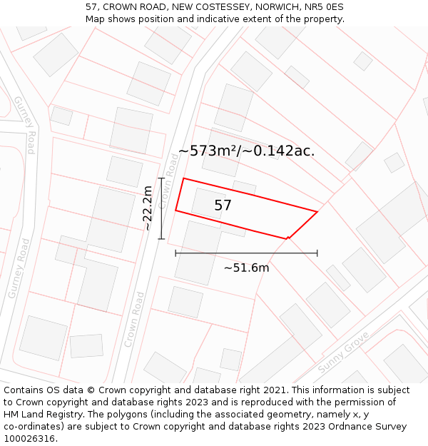 57, CROWN ROAD, NEW COSTESSEY, NORWICH, NR5 0ES: Plot and title map