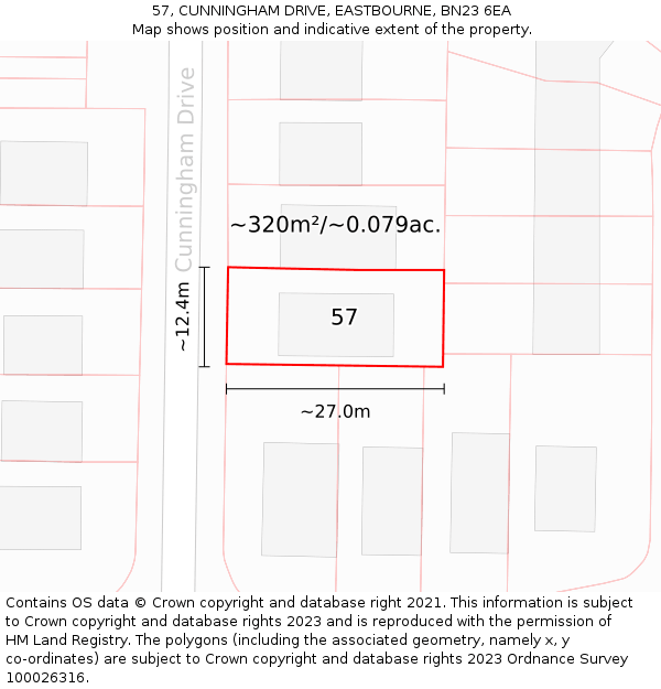 57, CUNNINGHAM DRIVE, EASTBOURNE, BN23 6EA: Plot and title map