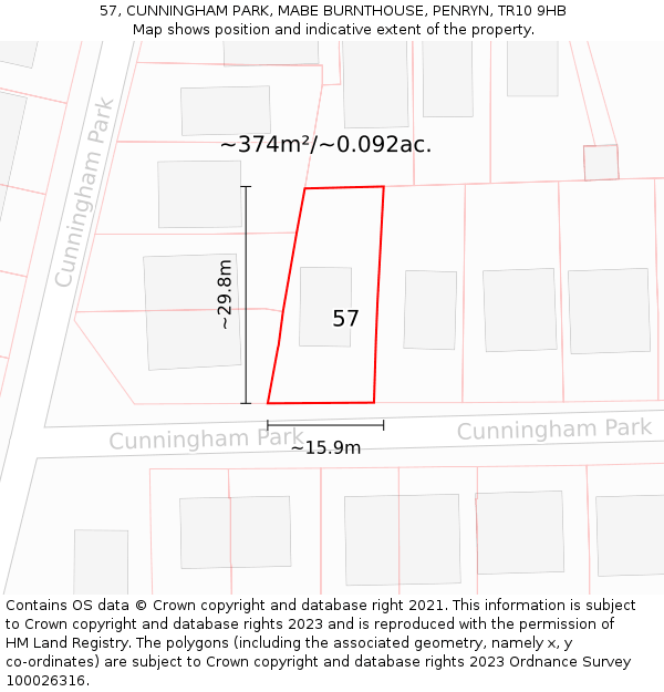 57, CUNNINGHAM PARK, MABE BURNTHOUSE, PENRYN, TR10 9HB: Plot and title map