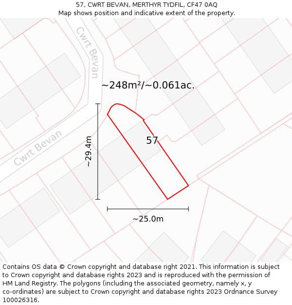 57, CWRT BEVAN, MERTHYR TYDFIL, CF47 0AQ: Plot and title map