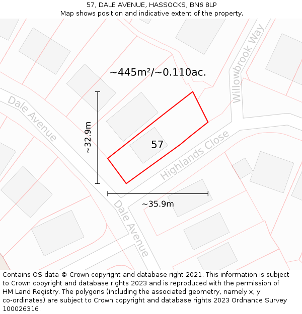 57, DALE AVENUE, HASSOCKS, BN6 8LP: Plot and title map