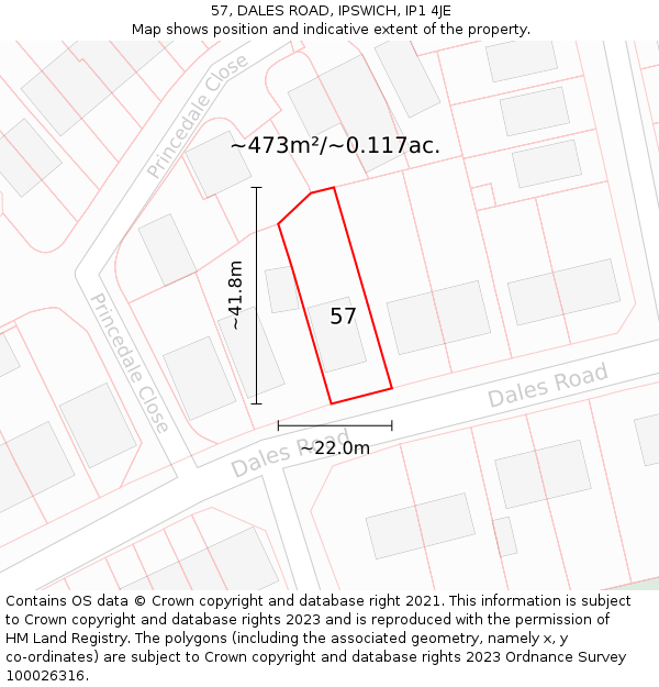57, DALES ROAD, IPSWICH, IP1 4JE: Plot and title map
