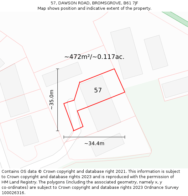 57, DAWSON ROAD, BROMSGROVE, B61 7JF: Plot and title map