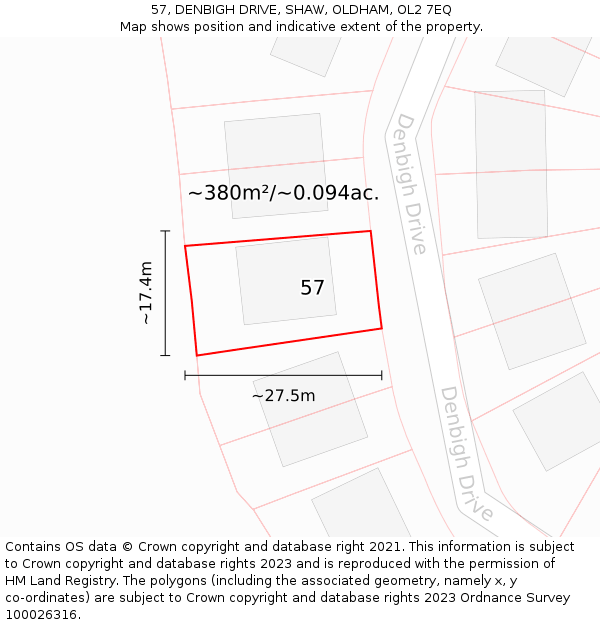 57, DENBIGH DRIVE, SHAW, OLDHAM, OL2 7EQ: Plot and title map