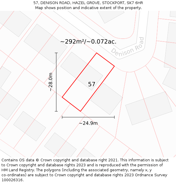 57, DENISON ROAD, HAZEL GROVE, STOCKPORT, SK7 6HR: Plot and title map