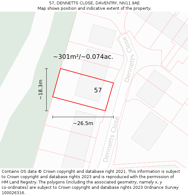 57, DENNETTS CLOSE, DAVENTRY, NN11 9AE: Plot and title map