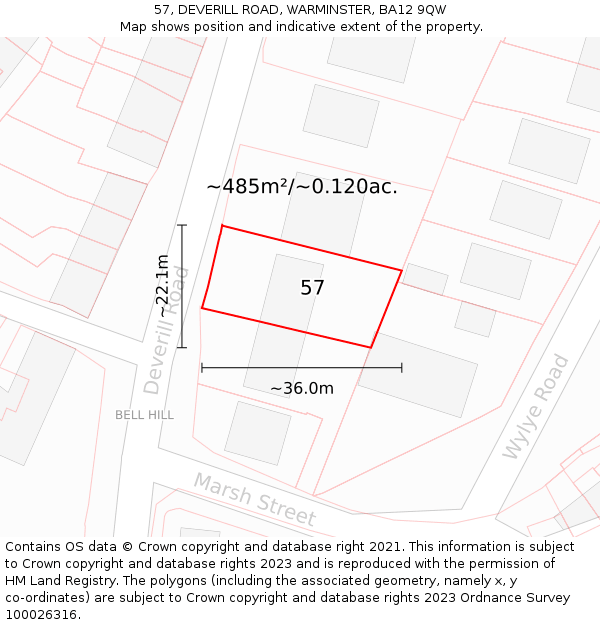 57, DEVERILL ROAD, WARMINSTER, BA12 9QW: Plot and title map