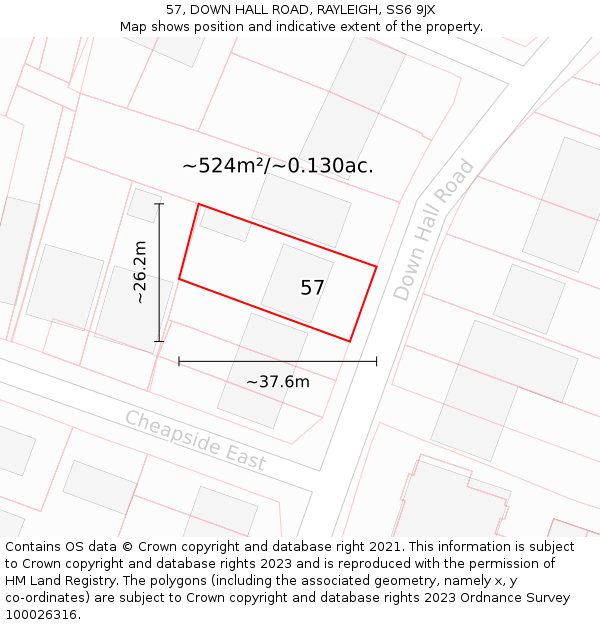 57, DOWN HALL ROAD, RAYLEIGH, SS6 9JX: Plot and title map